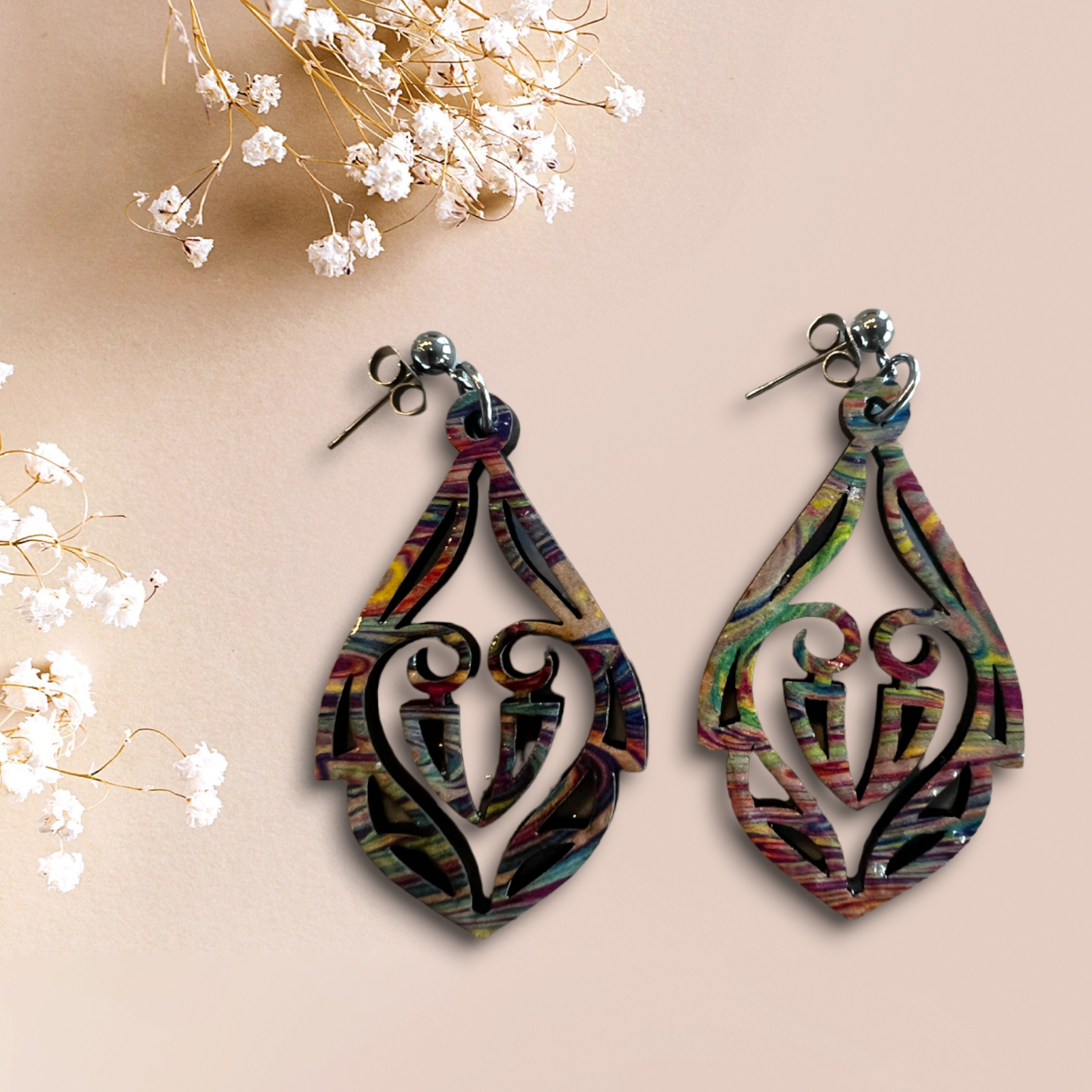 Intricate Rainbow Swirl Design Dangle Earrings, 